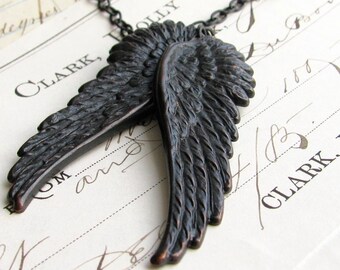 Black angel wing necklace, Fallen Angel Brass, Gothic angel wing necklace pair, dark angel, choice of chain length, angel wing pendant
