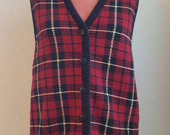 VINTAGE// 90'S// Ugly Christmas sweater// tacky sweater vest// plaid// red, black and gold// size large