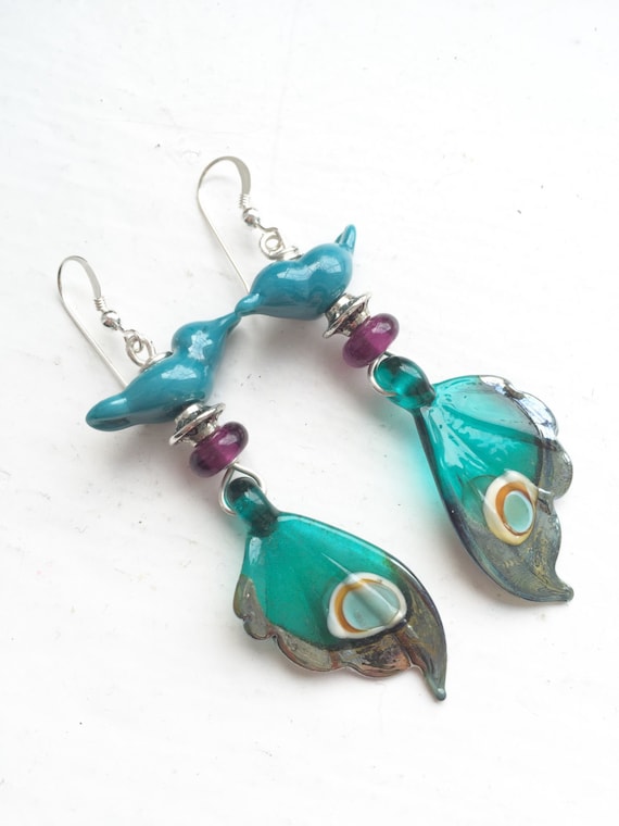 Teal butterfly earrings turquoise glass wing beads lampwork