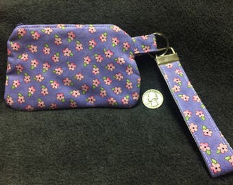 Coin Purse with Removable Strap - Light Purple with Pink Flowers