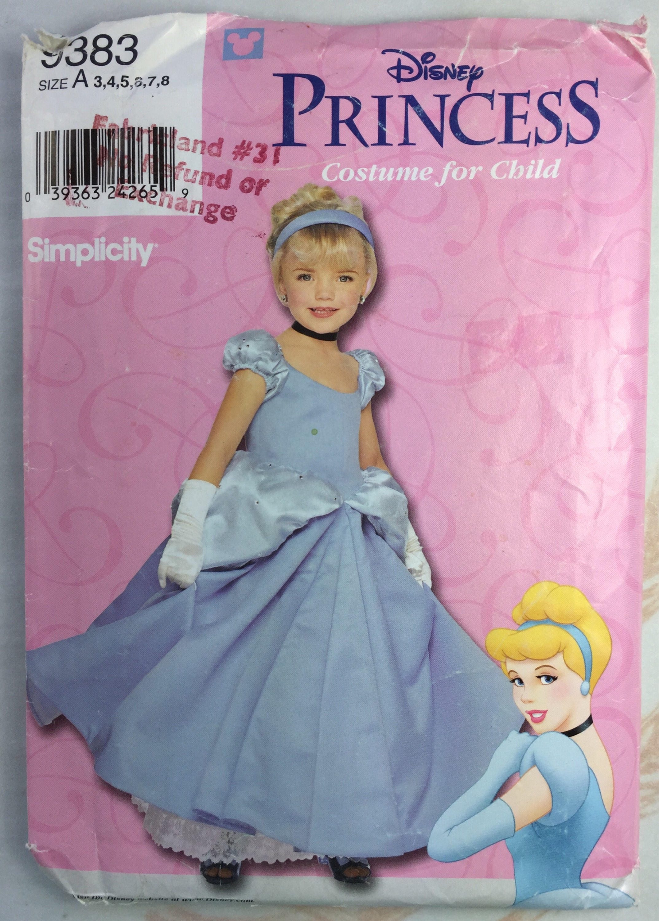 Simplicity 9383 Disney Princess Cinderella Dress Costume Pattern size 3 ...