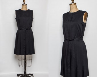 vintage 1950s little black dress | 50s pleated dress with belt by Hadley