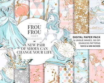 Princess Paper Pack, Fairy Tale Planner Stickers, Cinderella Designer Paper Pad, Glitter Pumpkin Carriage Glass Slipper, Pastel Cute Fabric
