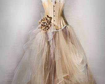 CHAMPAGNE WEDDING GOWN vintage, wedding dress with victorian corset, prom dress, full lenght, with lights!