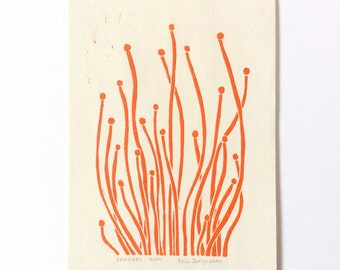 linocut - SPROUTS // 5x7 art print // printmaking // block print // nature art // seedlings // orange // original // miniature // 4x6