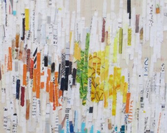 Paper collage, abstract line painting, recycled paper art, abstract art