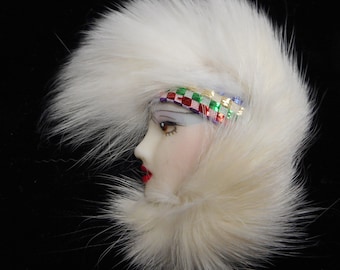 vintage LADY FACE pin with fur 1970s fantastic warehouse find wow