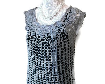 Handmade Crochet Lacy Top In Smoke Gray