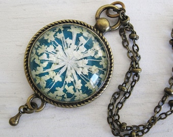 Mother's Day Gift - Real Pressed Flower Necklace - Turquoise Queen Annes Lace Vintage Inspired Necklace