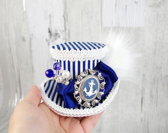 Blue and White Striped Anchor Cameo Nautical Sailor Small Mini Top Hat Fascinator, Alice in Wonderland, Mad Hatter Tea Party, Derby Hat
