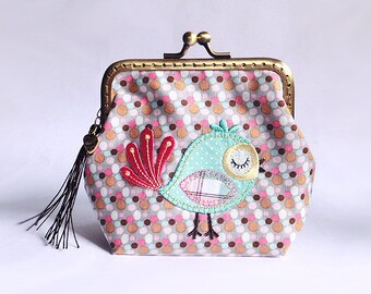 Patchwork Bird, Metal Frame Purse, Kiss-Lock Purse, Multi-purposes Purse