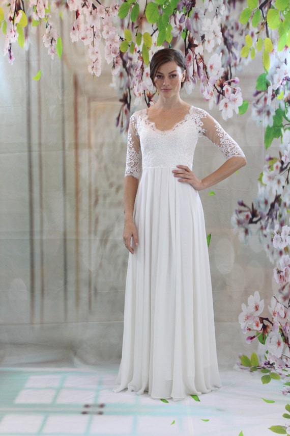 Simple lace half sleeves chiffon dress beach wedding dress