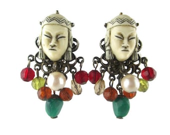 Selro Asian Princess Earrings/ Selini Dangling Lucite Beads Faux Pearl Earrings/ White Lucite Asian Princess Gold Tone Clip On Earrings