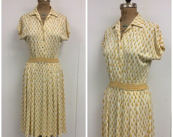 1940s Novelty Print Jersey Dress 40s Yellow Raindrops