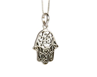 Hamsa Hand of Fatima Sterling Silver Necklace Pendant Handmade Free delivery
