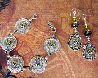 Steampunk Jewelry Set (Set720) Bracelet and Dangle Earrings, Silver Plated Hardware, Gears, Swarovski Crystals