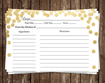 Recipe Cards, Bridal Shower, Gold, Confetti, Champagne, Wedding, Housewarming, 24 Printed Cards, FREE Shipping