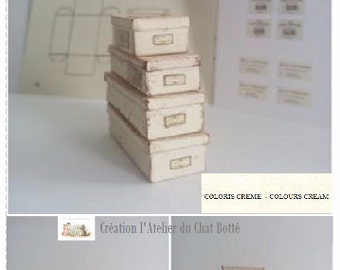 kit pour fabriquer 8 boîtes en papier de couleur crème échelle 1/12ème - kit for making 8 Boxes cream scale 1/12ème