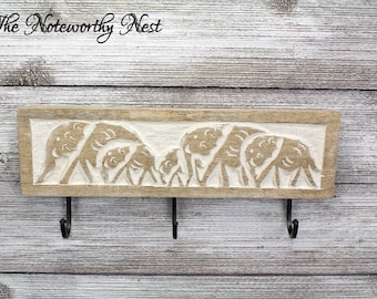 Carved wood hooks // White hooks // Elephant decor // carved wood wall decor // key hook // entry hook // bedroom hook // bathroom hook