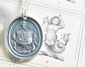 ship and mermaid wax seal necklace pendant ... the sentinel sleeps not - French motto sterling silver antique wax seal jewelry