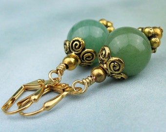 Dangle Earrings, Jade Beads, Semi Precious Stones, Gold Beads, Rondelles, Jade Green, Victorian Style, Handmade Earrings, Elegant Gift