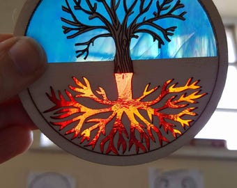 Tree of Life stained glass and wood window hanger/light catcher