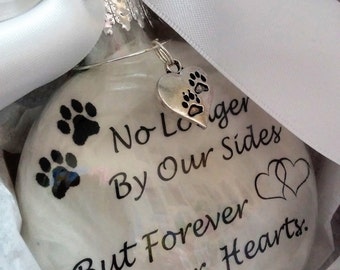 In Memory Pet Memorial Ornament w/ Pwprint Charm - Dog Cat Memorial Gift - Forever in Our Hearts - Glass Personalized Remembrance Bauble