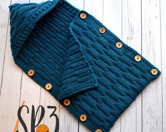 Button Up Waves Hooded Cocoon - Crochet Pattern