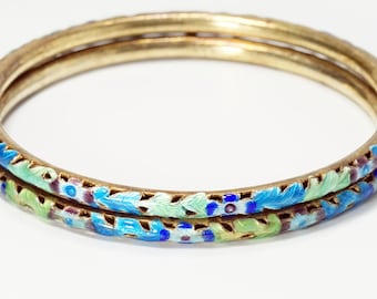 Bangles, Cloisonne Jewelry, Chinese Jewelry, Chinese Export, Vintage Chinese Silver Gilt Blue Green Cloisonne Enamel Bangles Bracelets
