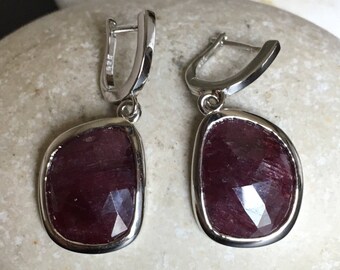 Dark Genuine Ruby Earring Raw Natural Handmade Dangle Red Ruby Earring July Birthstone Sterling Silver Earring