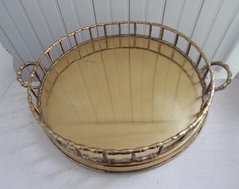 Round Brass Faux Bamboo Dresser Vanity Tray - Mid Century Modern Brass Accessory - Serving, Bar, Dresser, Vanity Tray - Large Brass Tray