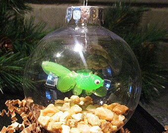 Fish Bowl Ornament - Green Fish w/Lt. Brown Stones - Christmas Ornament, Co-Worker Gift, Ornament Exchange Gift