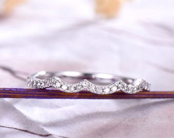 Natural diamond Wedding band,Wave band,14k White Gold,Anniversary ring,Promise ring,Half Eternity,Stackable set,Pave Set,Gift for her