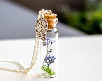 Forget me not Necklace, real flower, necklace, jewelry, nature necklace, blown glass silver chain, blue flower necklace, real Forget me not