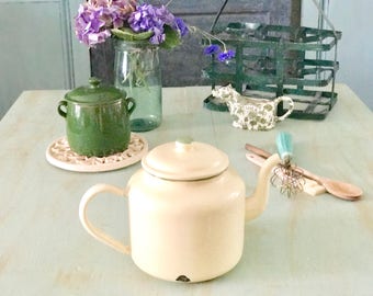European Enamelware Teapot Cottage Chic Farmhouse Decor Large Beige Green Enamel Pot
