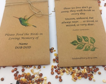 Personalized birdseed memorial packets - hummingbird seed packets - Funeral program alternative - 25 Personalized Life Celebration bird Seed