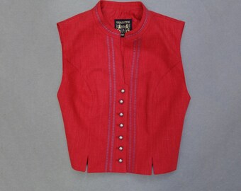70s Red Trachten Julius Lang Dirndl Vest - Traditional Peasant Vest - Austria Folk Bright Red Trachten Dirndl Size Small