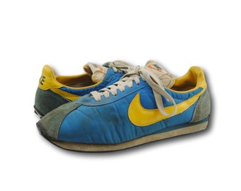 Vintage 70's NIKE Blue & Yellow Waffle Trainer Running Shoes Sneakers Sz 9.5 Made in JAPAN.