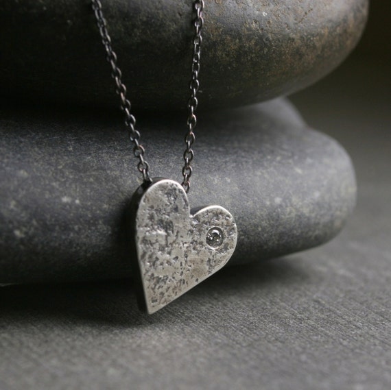 Hammered Chunky Heart Pendant Necklace With Diamond The