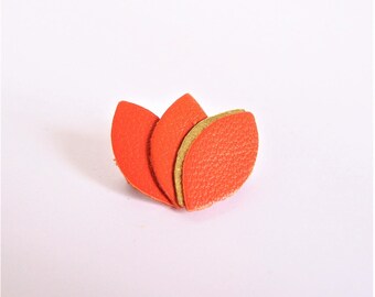 Gold Leather piping and orange petals brooch