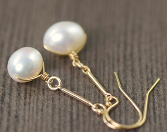 Pearl earrings with gold white pearl earrings gold filled long earrings june birthstone earrings