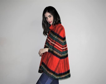 1970s Vintage Hippie Mod Red Plaid Poncho Cape - Vintage 60s Hippie Cape - W00762