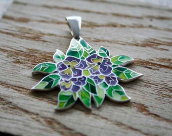 Silver cloisonne hot enamel pendant jewelry Violet Tricolor Hot enamel spring Green yellow violet Gift for her Mothers day gift