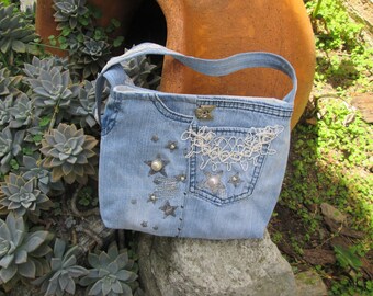 Denim Shoulder Bag, Recycled Denim Handbag, Jean Handbag, Hand Bag, Gift for her, Gift for Daughter, Boho Style, Girl Accessory, Denim Bag