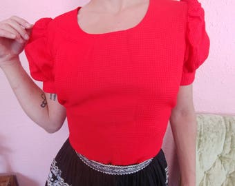 Red Textured Tie Back Blouse // Shirt // Top // Vintage