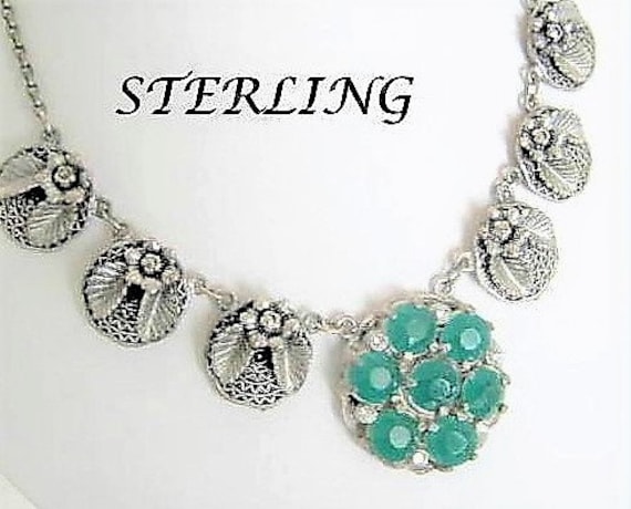 Sterling Repousse Necklace, Vintage Sterling Silver, Green Glass Cabochons, Rhinestone Sterling Floral Embellishents