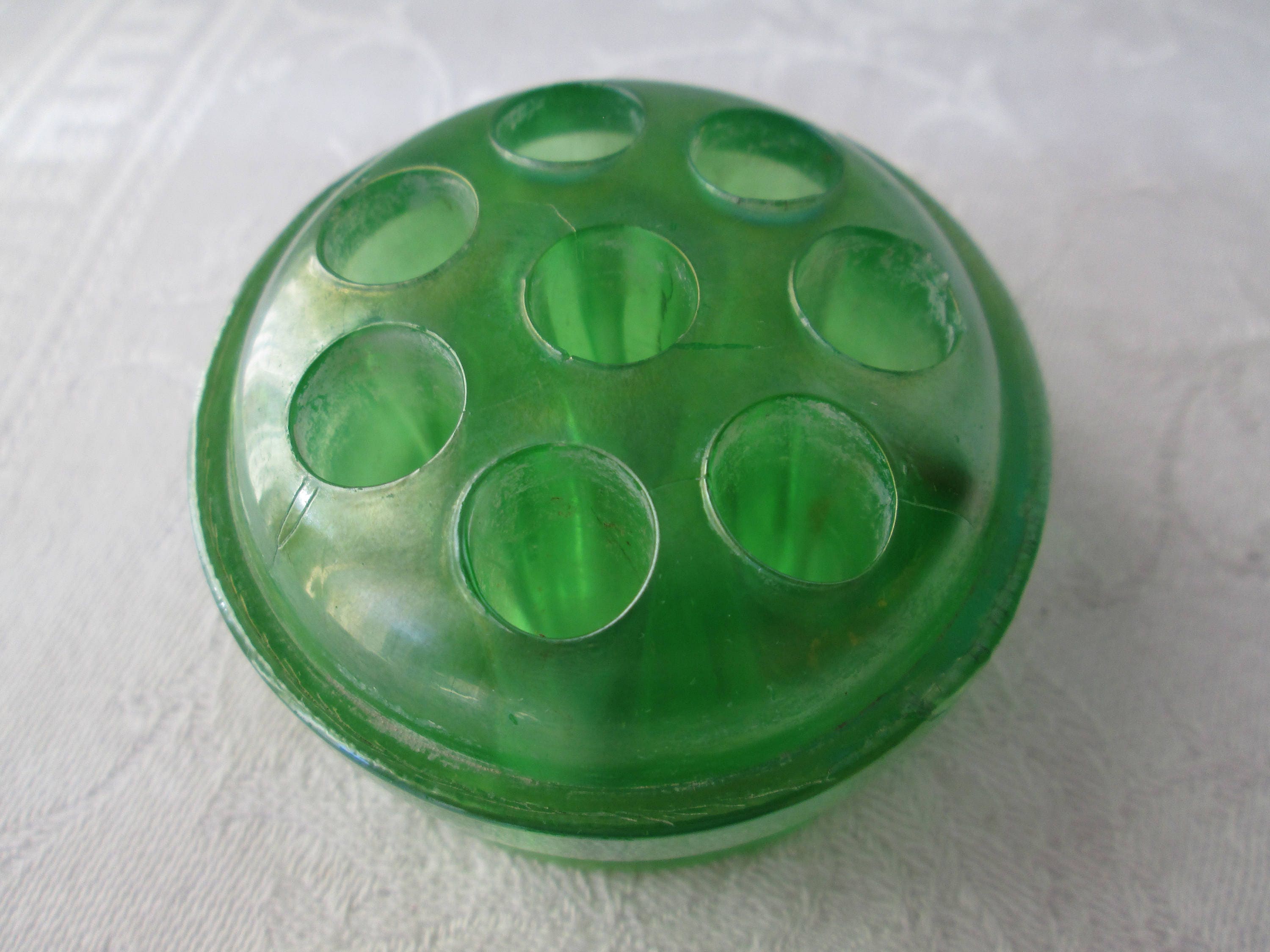 Vintage Green Glass Flower Frog, Iridescent, Vaseline, Uranium Glass