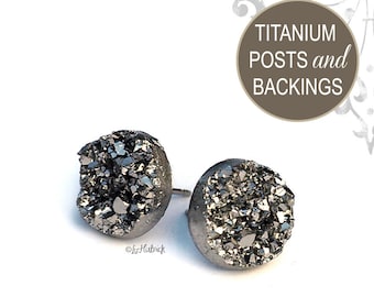 Glitter Stud Titanium Earrings, 12mm, Gunmetal Gray Metallic Faux Druzy with Titanium Posts
