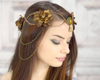 Elven Crown, Brown and Amber, Elven Headdress, Fairy Crown, Costume Headpiece, Headdress, Flower Crown, Floral Crown, Woodland