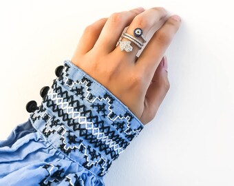 Evil Eye Ring, Silver Evil Eye Ring, Evil Eye Jewelry, Tiny Multi-Stone Ring, Silver Ring, Interesting Jewelry, Evil Eye Gifts, Hamsa Ring